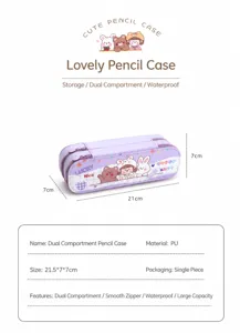 Purple double-layer PU leather cartoon pencil case with bear and rabbit prints.