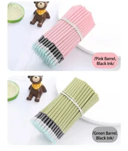 K35 retractable gel pen refills featuring pink and green barrels with black ink bundles