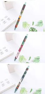 Close-up of cute retractable gel pens with cartoon bear patterns and happy motifs