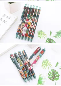 Close-up of colorful retractable gel pens with cute cartoon illustrations and patterns