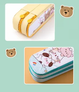 Close-up detail of a double-layer waterproof PU pencil case with cute cartoon patterns
