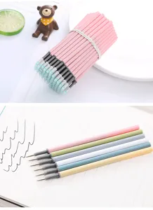 Macro view of colorful gel pen refills bundle and individual pieces on notebook paper
