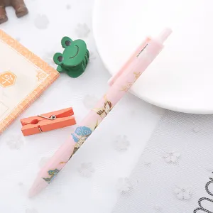 Vintage Chinese style retractable gel pen with pink crane and cloud patterns