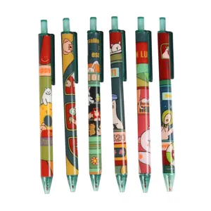 Set of six retractable gel pens featuring vibrant cartoon animal patterns for student stationery