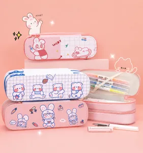 Detail view of large capacity canvas double-layer pencil case with cute patterns