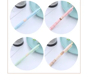 Close-up of cute bear-themed pastel gel pens in blue, pink, green, and beige