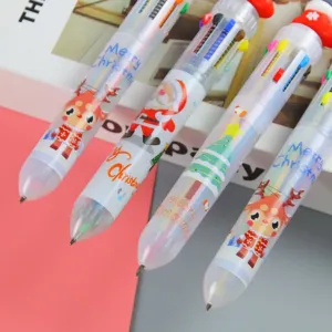 Penna a sfera natalizia a dieci colori con simpatici disegni di renne e Babbo Natale.