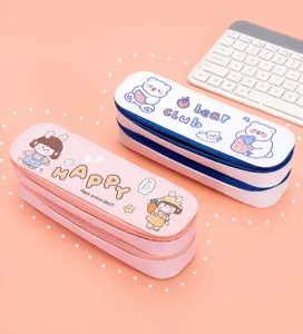 Large capacity double-layer canvas pencil case with cute bear and girl cartoon patterns