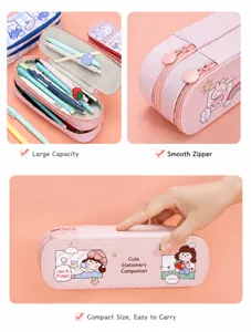 Detailed view of pink double-layer pencil case showing large capacity and smooth zipper