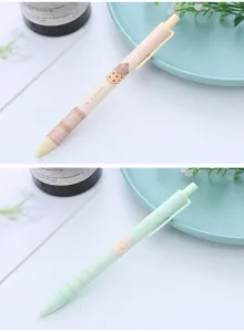 Close-up of cute cartoon bear retractable gel pens in soft pastel green and beige