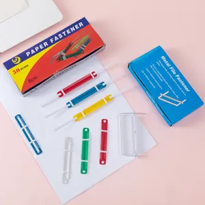 Colorful plastic metal paper fastener set for office school document organization and binding.