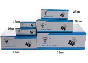 Assorted sizes black metal binder clips in box packaging for office use and document organization