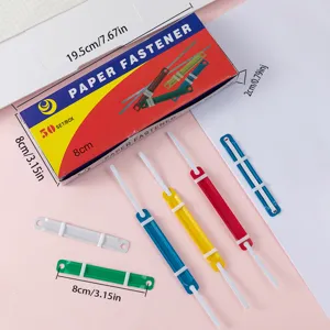 Colorful plastic paper fasteners detail view showing dimensions and various color options.