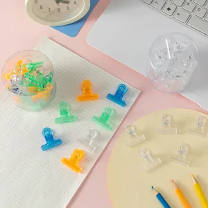 Acrylic transparent binder clips set for office and school organization, colorful cute design.