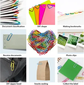 Gedetailleerd overzicht met diverse toepassingsmogelijkheden van gekleurde paperclips.