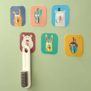 Six colorful cartoon animal adhesive wall hooks for traceless home organization