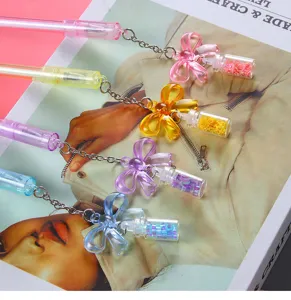 Close-up detail of colorful bow and drifting bottle charms on these creative gel pens