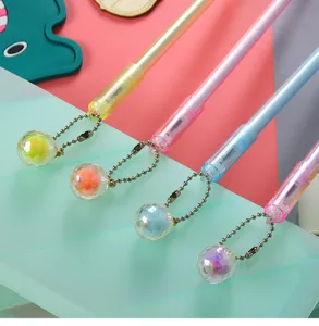 Close-up detail of creative gel pens featuring sparkling faceted crystal ball pendants