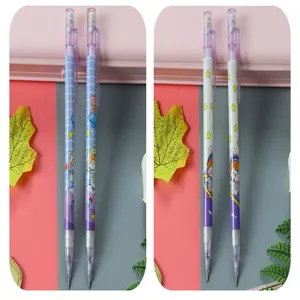 Detail view of cute purple planet mechanical pencils with astronaut and star patterns