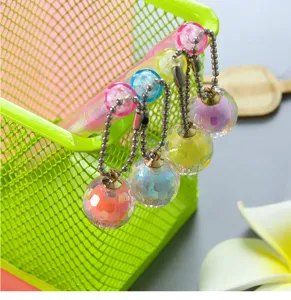Close-up detail of colorful iridescent faceted sphere pendants on hanging gel pens