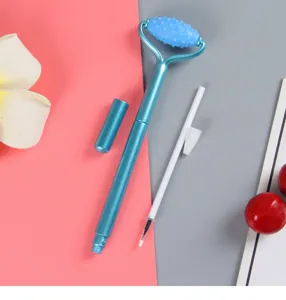 Detail view of the blue massage roller pen showing components and refill