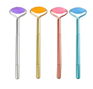 Four colorful stress relief gel pens with textured massage roller heads and metallic finish