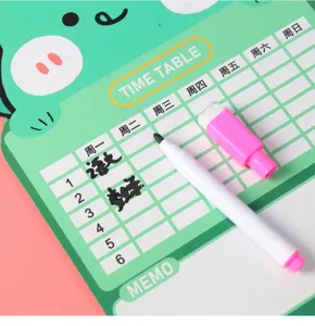 Close-up of a cartoon erasable timetable whiteboard featuring a grid and marker