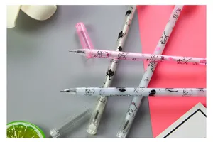 Close-up detail of cute cartoon cat gel pens featuring internal sparkling pink sequins