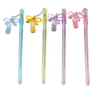 Four colorful creative gel pens featuring cute bow and glitter drift bottle pendants
