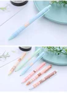 Close-up of colorful cartoon bear retractable gel pens with checkered patterns