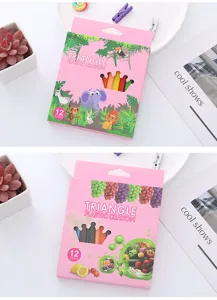 Macro view of 12-color triangle plastic crayons in vibrant pink animal-themed packaging