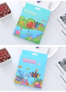 12-color triangle plastic crayons set with dinosaur and dolphin theme packaging