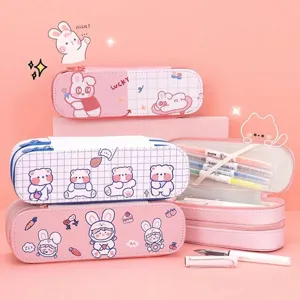 Large Capacity Canvas Double Layer Pencil Case Cute Cartoon Animal Stationery Bag Ins Style Student Pencil Pouch Organizer For School Kids