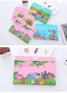 Close-up of pink and blue triangle plastic crayon boxes with 24 vibrant colors for kids