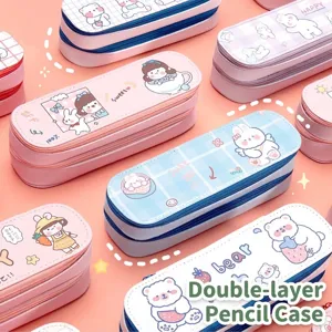 Cute double-layer large capacity canvas pencil case with various cartoon characters