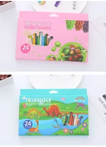 Professional 24-color washable triangle plastic crayons for kids, dinosaur and fruit box art
