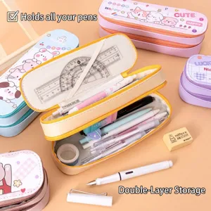 Cute double-layer canvas pencil case with cartoon animals and large storage capacity
