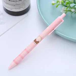 Pink retractable gel pen with cute cartoon bear illustration and plaid pattern design