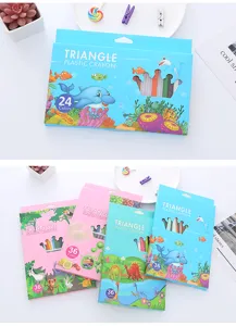 Assorted set of washable triangle plastic crayons with colorful cartoon animal boxes