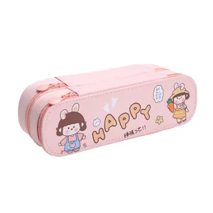 Large capacity pink double-layer pencil case with cute cartoon girl illustrations