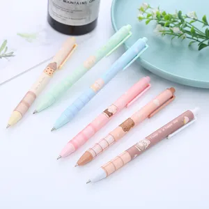 Set of cute cartoon bear click gel pens in various pastel colors and plaid patterns