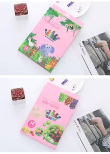 Detail view of 36-color washable triangle plastic crayons in pink illustrated box packaging