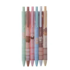 Set of 6 retractable gel pens with cute cartoon bears and plaid patterns in pastel colors