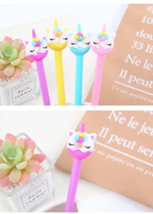 Gros plan sur un stylo à bille gel mignon licorne et donut pour l'école et le bureau.