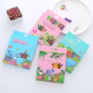 Set of 12 washable triangle plastic crayons with colorful cartoon animal packaging