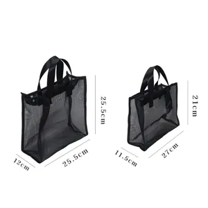 Draagbare zwarte mesh tote tas voor dames dagelijks winkelen en reizen met duidelijke afmetingen.