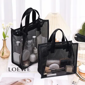 Zwarte mesh cosmetische tas set, transparante reis make-up organizer etui voor vrouwen.