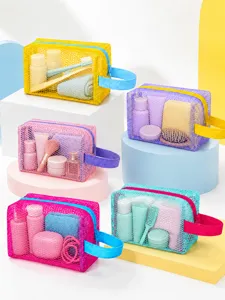 Colorful mesh cosmetic bag detail, see-through travel toiletry pouch with zipper and handle.