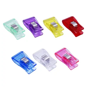Colorful plastic sewing clips detail view, ideal for quilting crafts and binding fabric layers.