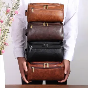Detailed view of multi-functional PU leather travel toiletry bag stack showcasing fine zippers.